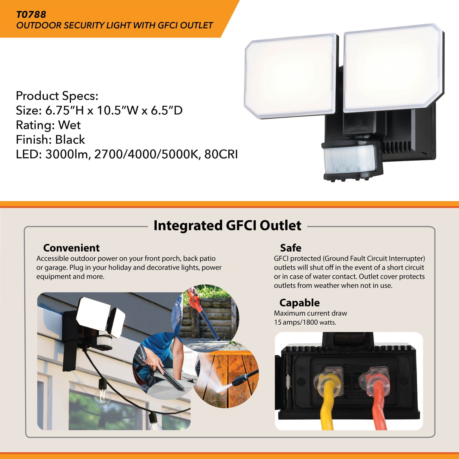 VAXCEL Black Motion Dusk to Dawn LED Outdoor Security Flood Light, GFCI Outlet