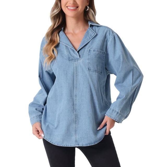 Blusa de mezclilla INSPIRE CHIC para mujer, blusa casual de manga larga con cuello en V, color azul claro, talla XS