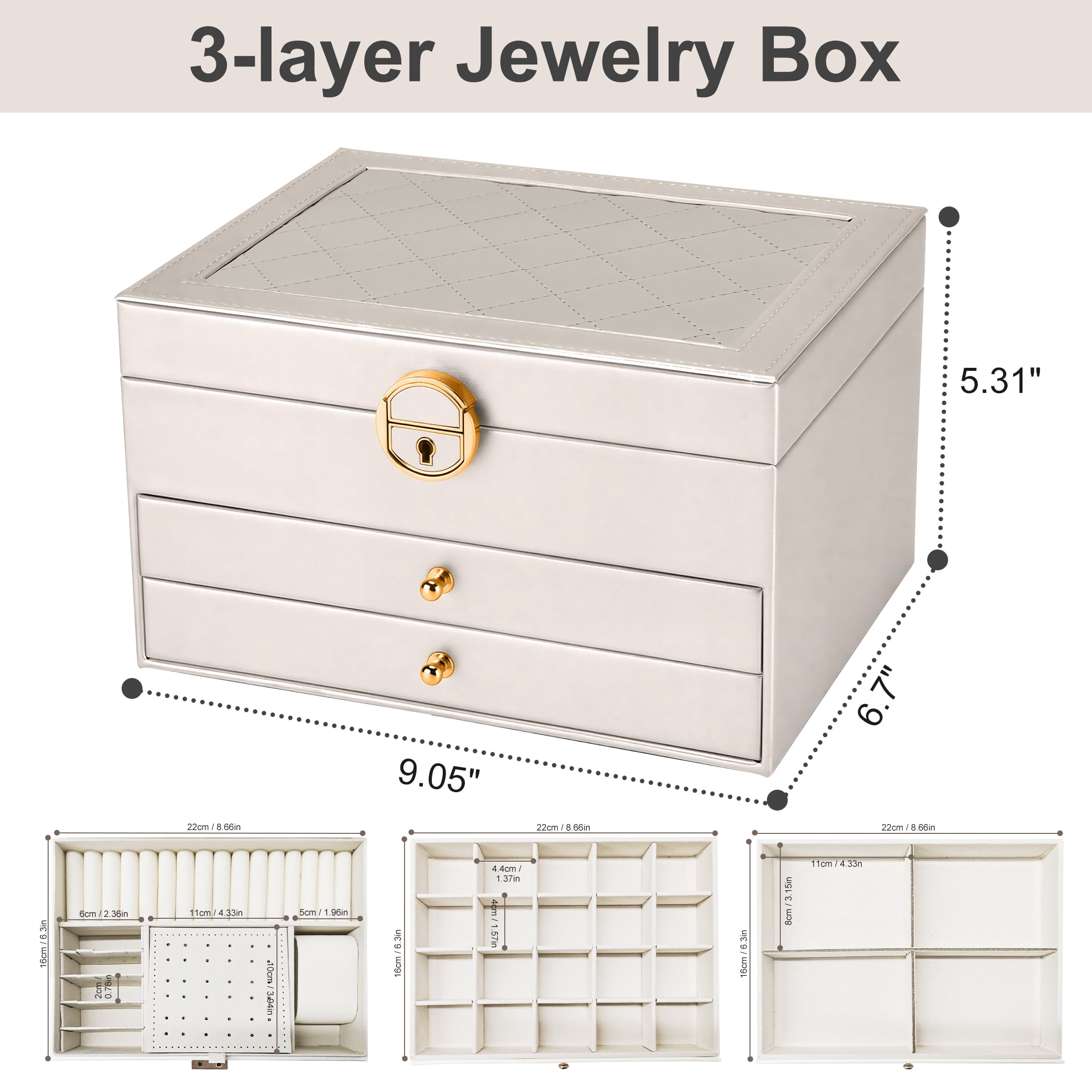 Jewelry Box Organizer for Women Girls, PU Leather Jewelry Organizer Storage, 2 Layers Jewellery Case Holder for Earrings Bracelets Rings Watches, White