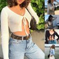 thumbnail image 4 of SUNSIOM Women Top Solid Color Long Sleeve Cardigan Front Tie Crop Slim-Fit Top, 4 of 6