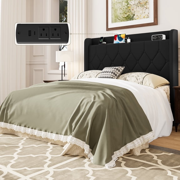 Frostbloom Queen Size Velvet Bed Frame with USB & Type-C Charging, Diamond-Tufted Wingback Headboard with Storage, Black