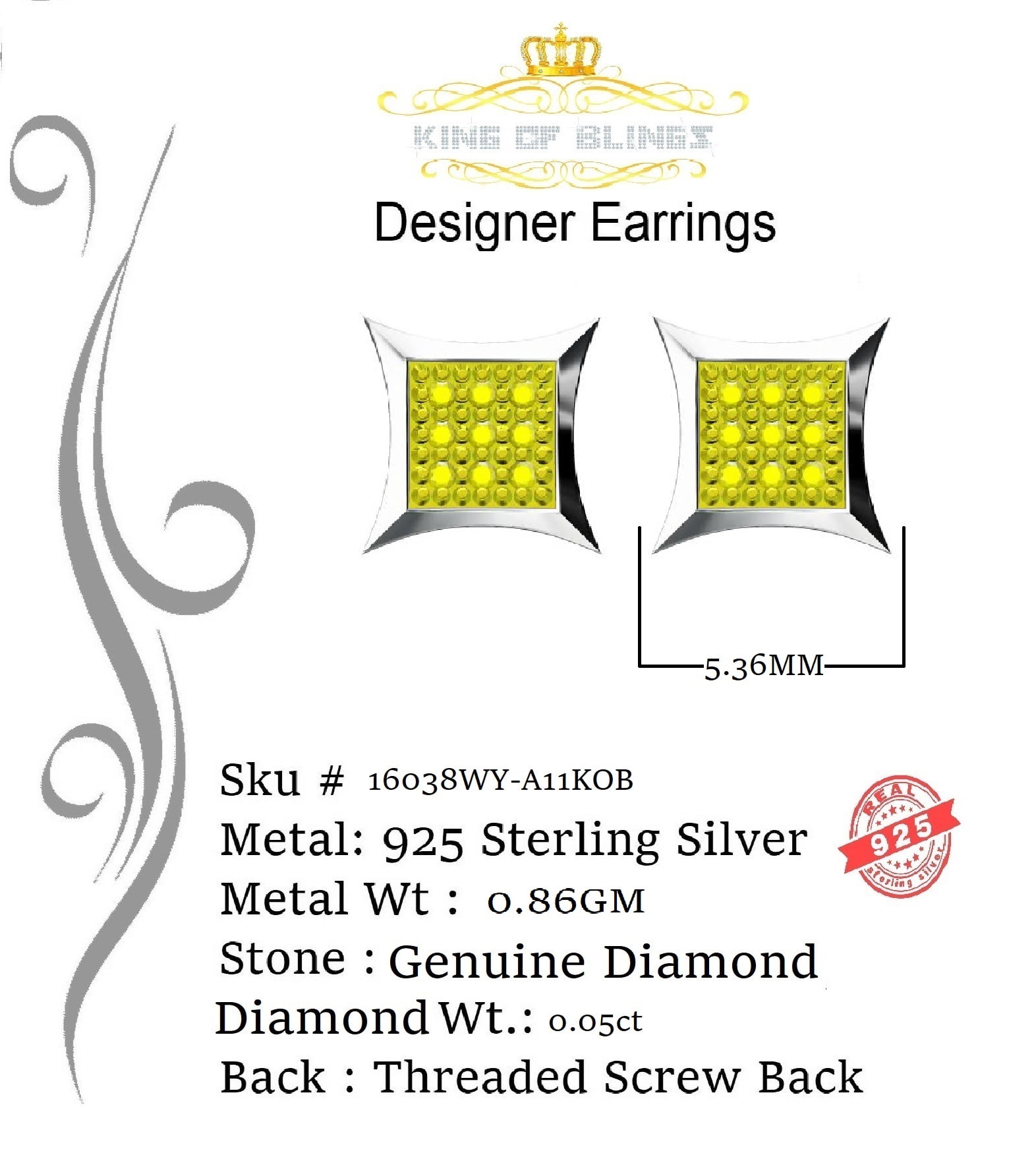 King of Bling's 0.05ct Diamond 925 Sterling Silver White Stud Women's/ Men's Kite Shape Earrings