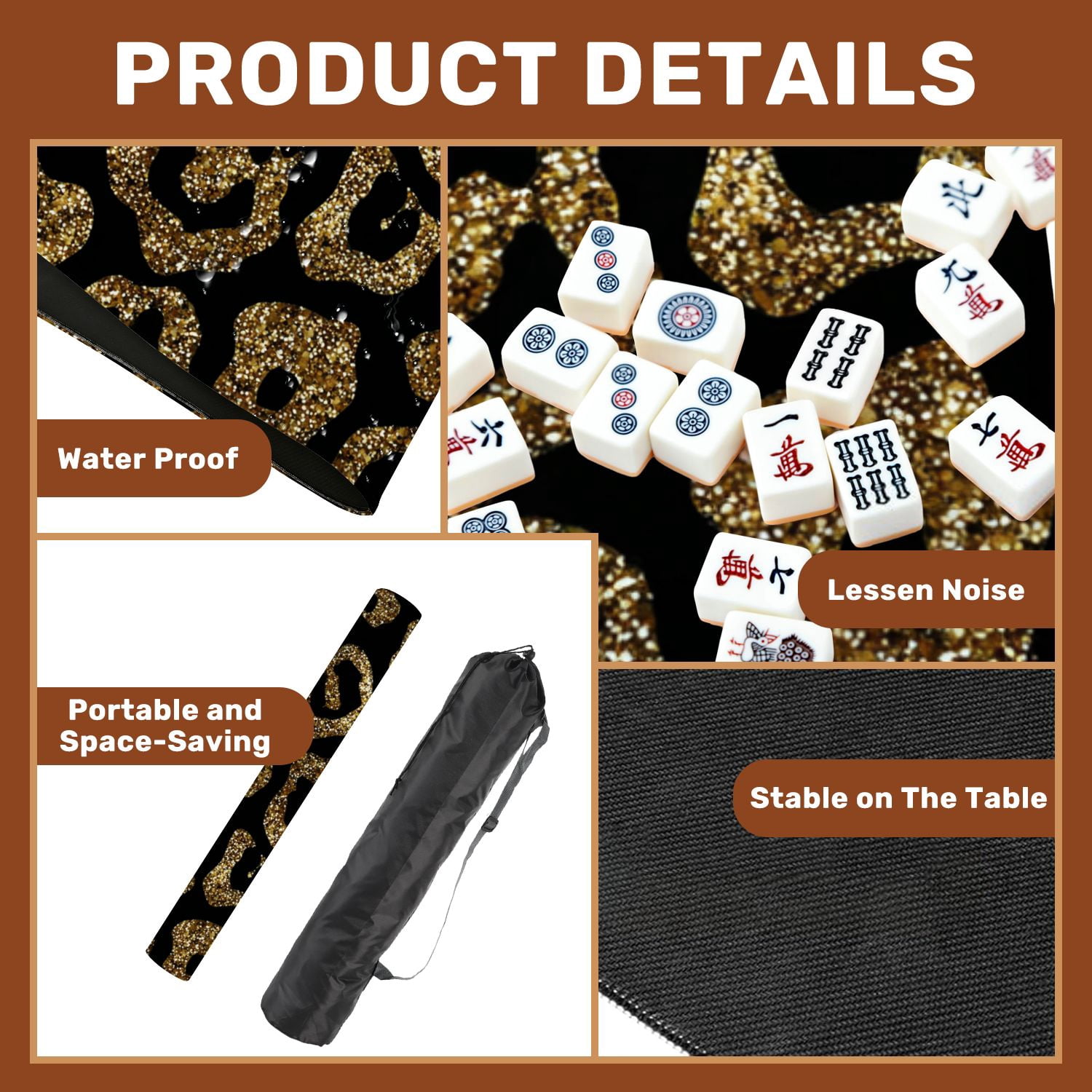 Mahjong Mat 31.5" x 31.5" fashion seamless gold glitter leopard fur Non-Slip Noise Reduction American Mahjong Tiles Table Cover for Dominoes Poker Card Board Games Gift