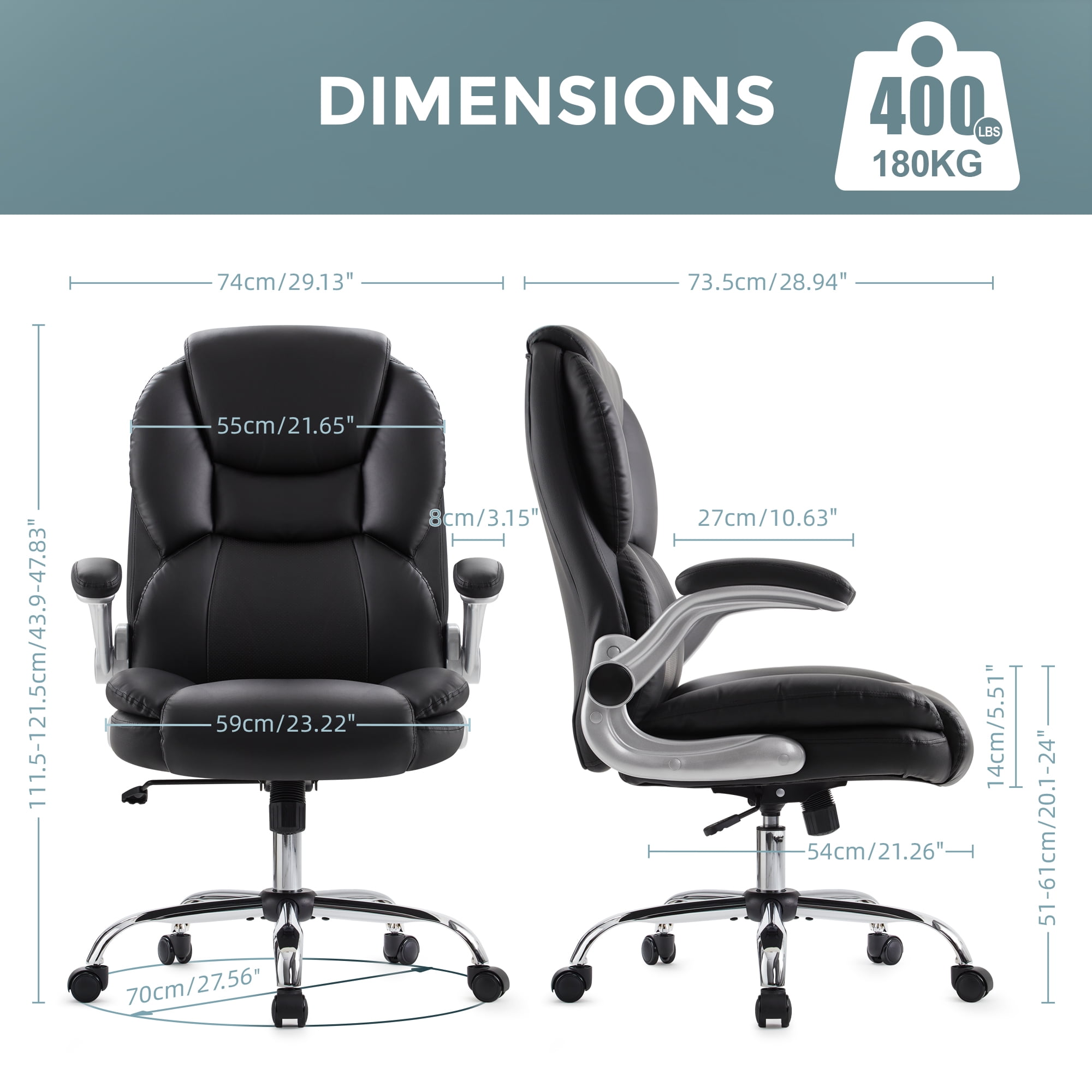 Black Executive Office Chair Big and Tall Computer Desk Chair with Adjustable Flip-up Armrests, High Back Leather Chair with Lumbar Support, Swivel Rolling Chair for Adults Working Study