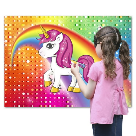 Pin the Horn on the Unicorn Party Favor Game for Kids, Includes: 24 Reusable Sticker Horns, Perfect for Large Parties, 2 Blindfolds, 10 Adhesive Glue Dots