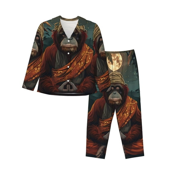 Disketp Banana Leaf Meditating Gorilla for Pajamas Set Long Sleeve Sleepwear Womens Button Down Nightwear Pj Sets-Small