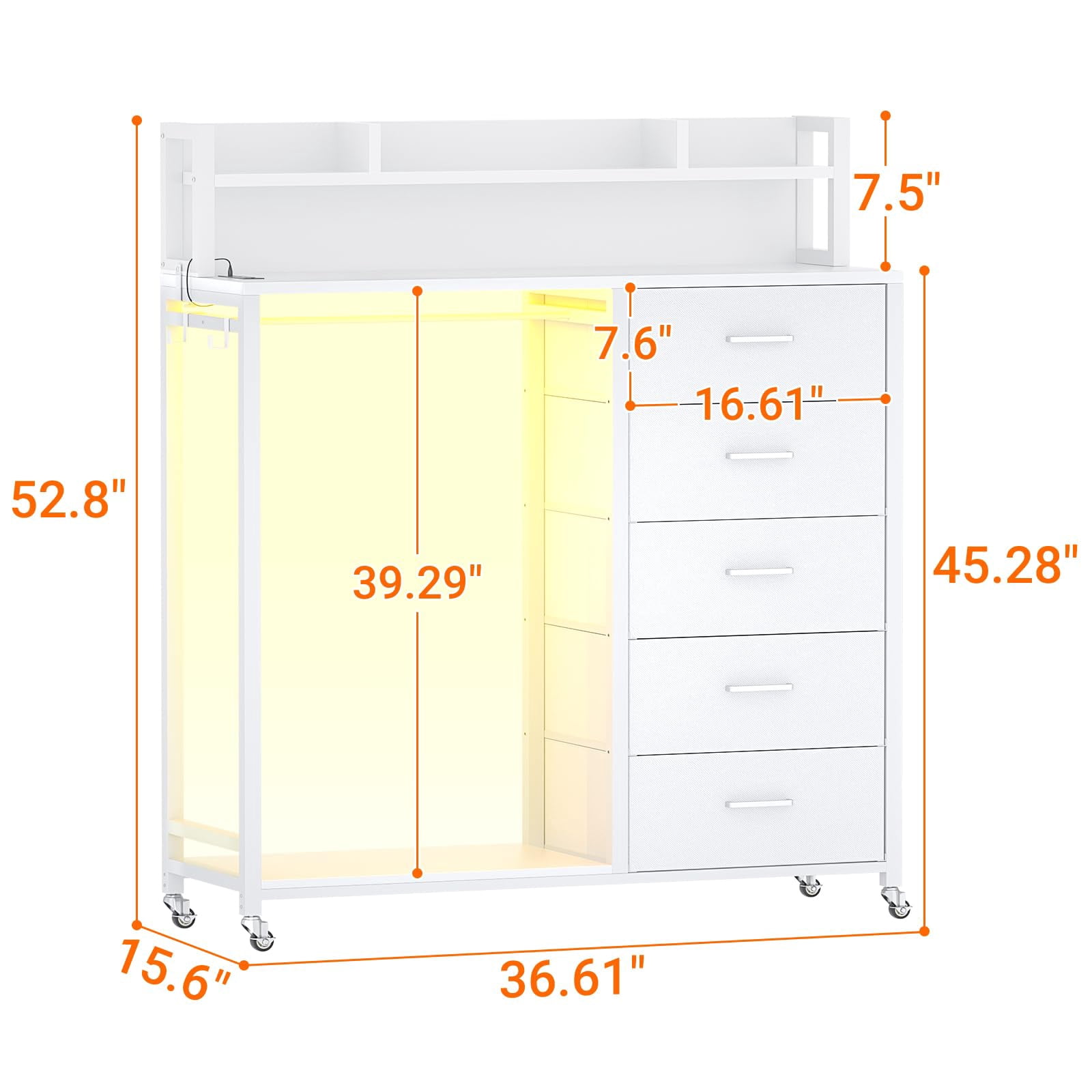 Aheaplus Dresser for Bedroom with Clothes Rack & Shelves, 5 Drawers Dresser with Charging Station & LED Lights, Chest of Drawers with Lockable Wheels, Storage Shelves, Bedroom, Entryway,White