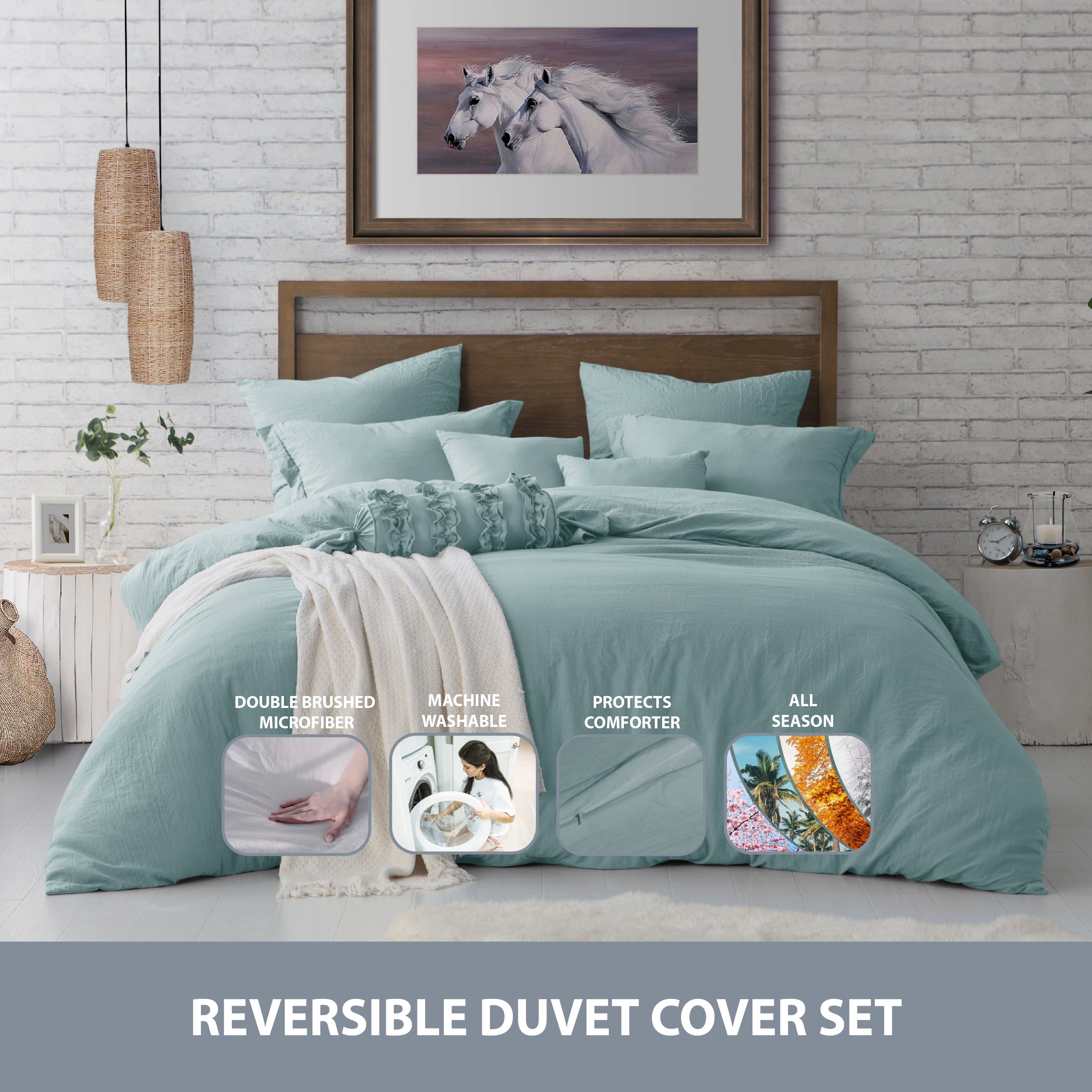 Swift Home Ultra Soft Crinkled Texture Pre-Washed Duvet Cover & Sham Set (Comforter not Included), Full/Queen (90"x 90"), Dusty Mint