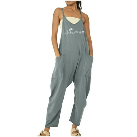 

Charella Printed Womens Casual Pocket Linen Button Pants Comfy Overalls Summer Rompers Wide Leg Flowy Jumpsuits N1*Gray XL