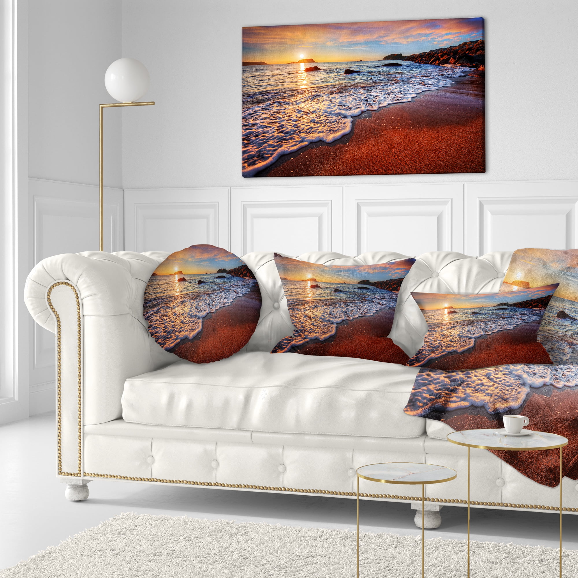 Designart Stunning Ocean Beach at Sunset - Seashore Throw Pillow - 12x20