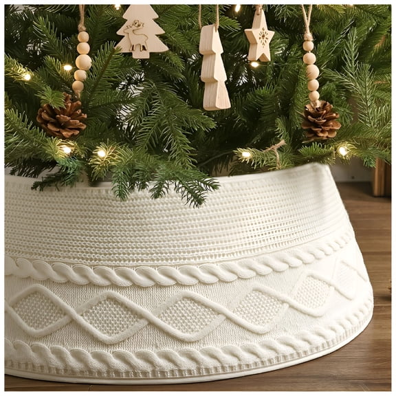 AUQ Christmas Tree Collar Christmas Tree Skirt 28 Inch Knit Cream White Xmas Tree Collar Adjustable Tree Base Cover Sturdy Construction Foldable Tree Ring for Christmas Home Décor (1Pc)