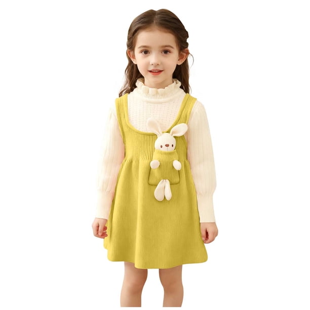 Vestido de cuello redondo y manga larga para niña, conejito de bolsillo, cuello de encaje, tejido de punto, manga larga, color liso, conjunto clásico, inocencia infantil y placer infantil, top de poli