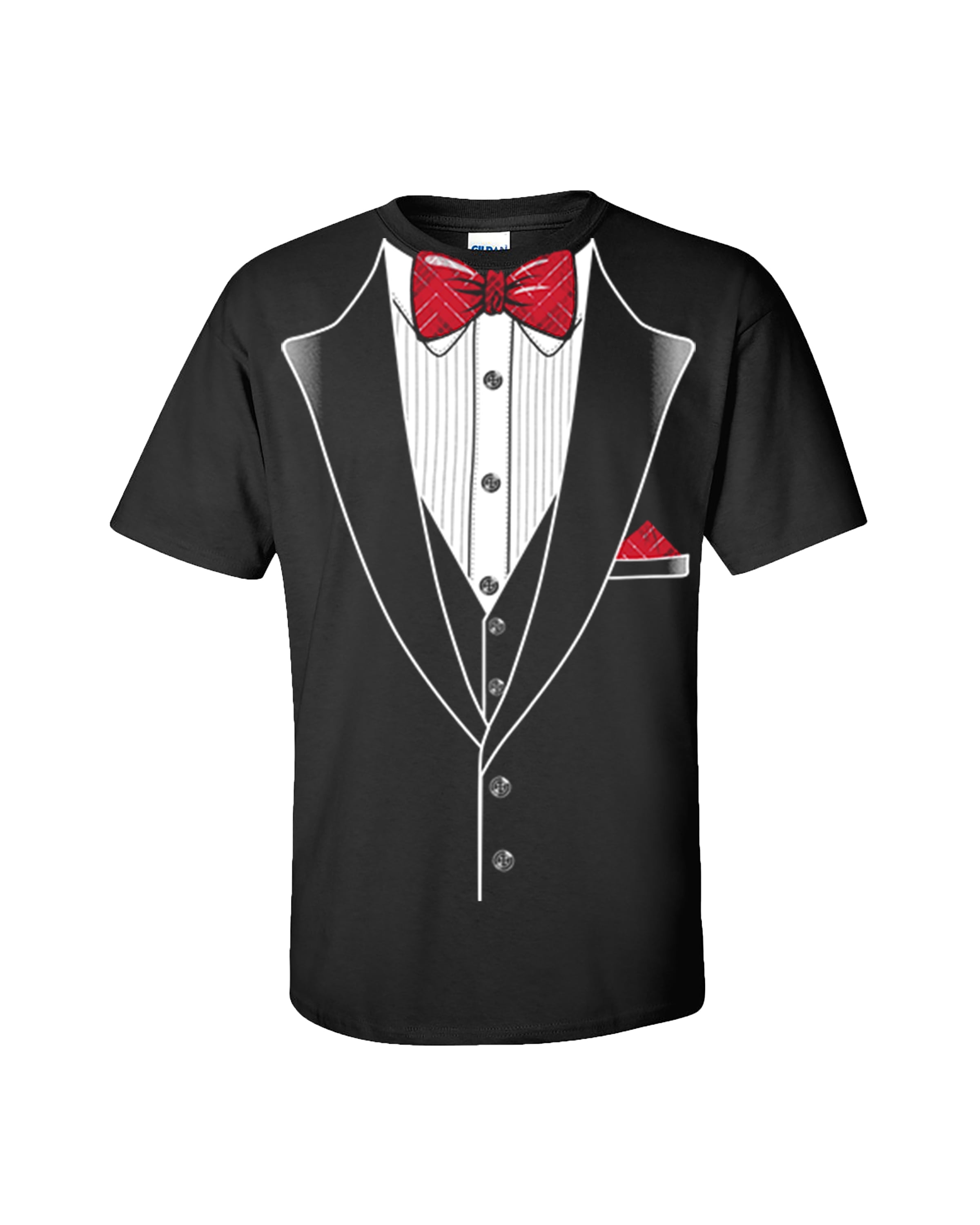 Tuxedo T-shirt Classy Tux with Red Plaid Bow Tie 