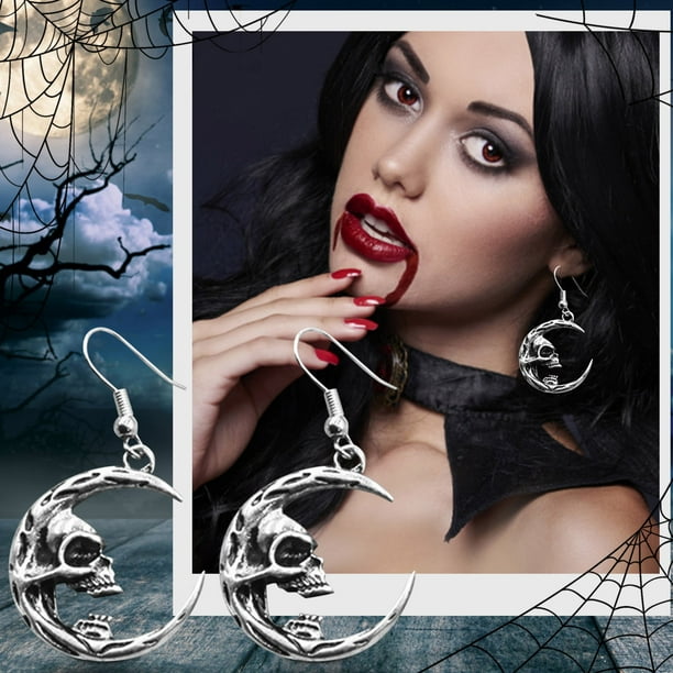 WILLBEST Aretes Acero Inoxidable Mujer Pendientes Estilo Gótico Esqueleto Luna Pendientes Plata Esqueleto Joyería Fiesta Pendientes Para Mujer Pendientes