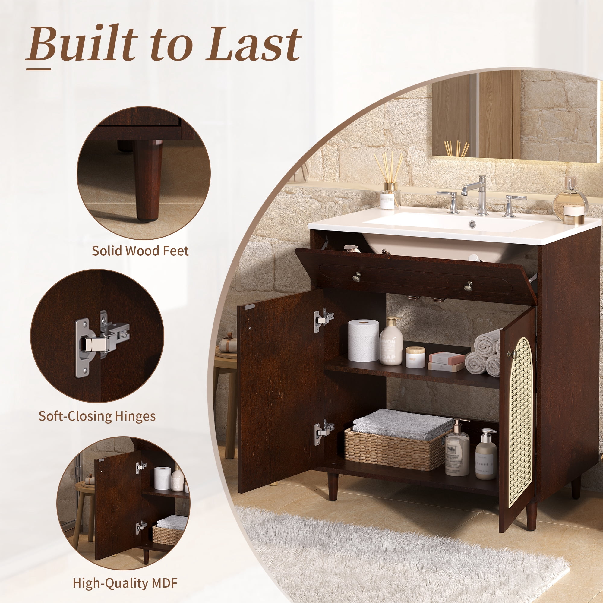 Harper & Bright Designs 30" Rattan Bathroom Vanity with Sink, Single Sink Bathroom Vanity with Tip-Out Drawe and Adjustable Shelf, Freestanding Bathroom Storage Cabinet with Ceramic Basin, Walnut