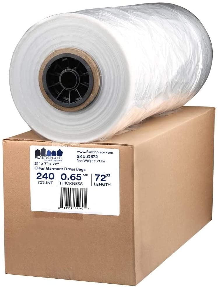 Plasticplace Clear Garment Dress Bags, 21" x 7" x 72", 240 Count