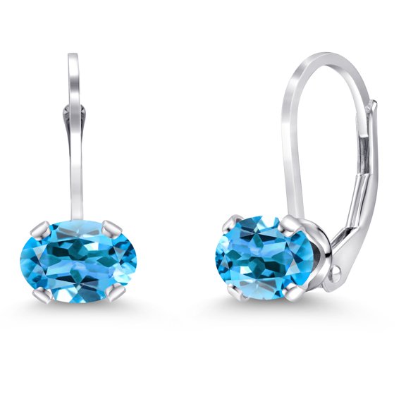 Gem Stone King 925 Sterling Silver Swiss Blue Topaz Leverback Earrings (1.60 Ct Oval 7X5MM)