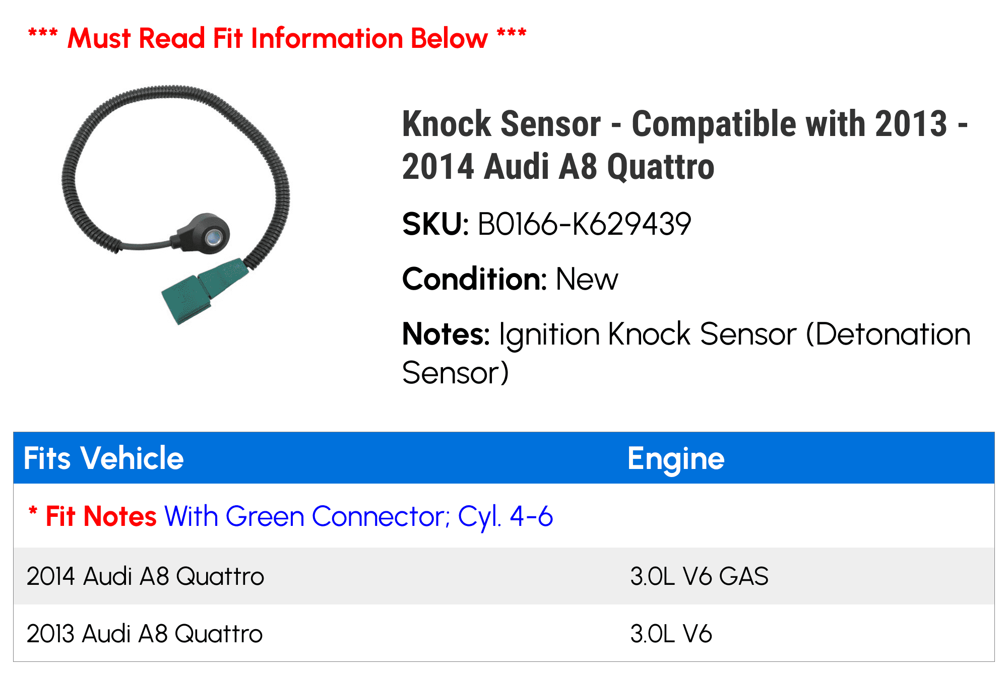 Knock Sensor - Compatible with 2013 - 2014 Audi A8 Quattro