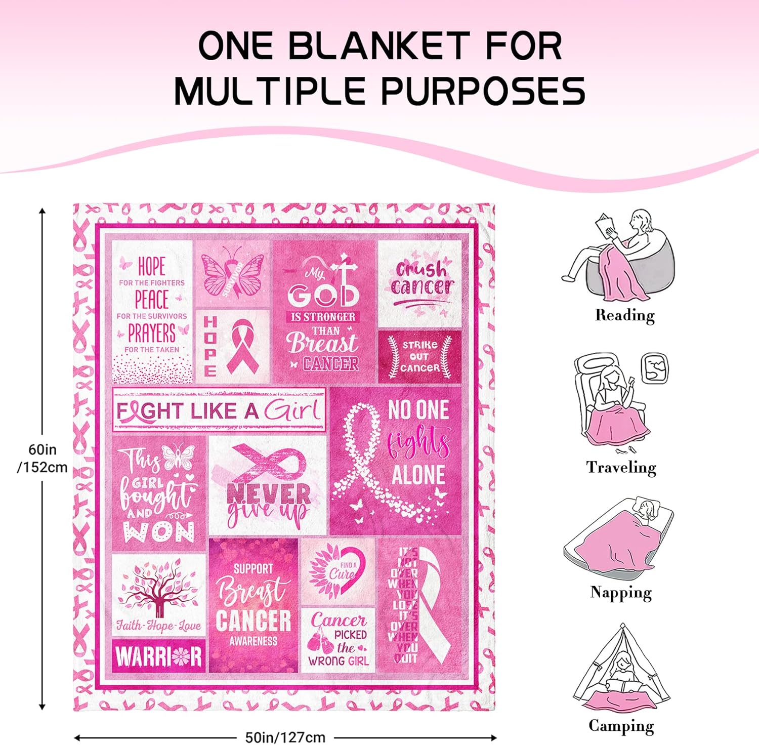 Breast Cancer Gifts for Woman, Breast Cancer Survivor Gifts for Women, Breast Cancer Gift, Pink Ribbon Breast Cancer Awareness, Breast Cancer Awareness Items Decorations Throw Blanket 60"X50"
