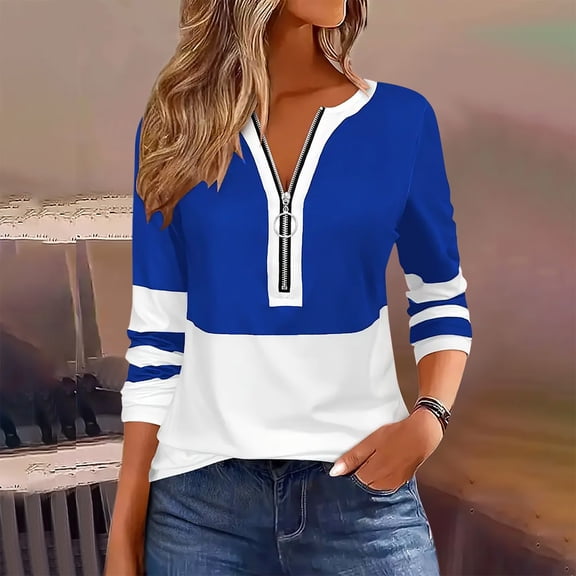 CQONEPT Long Sleeve Shirts for Womens 1/4 Zip V Neck Blouse Color Block Trendy Pullover Lounge Tunic Tops Blue XL