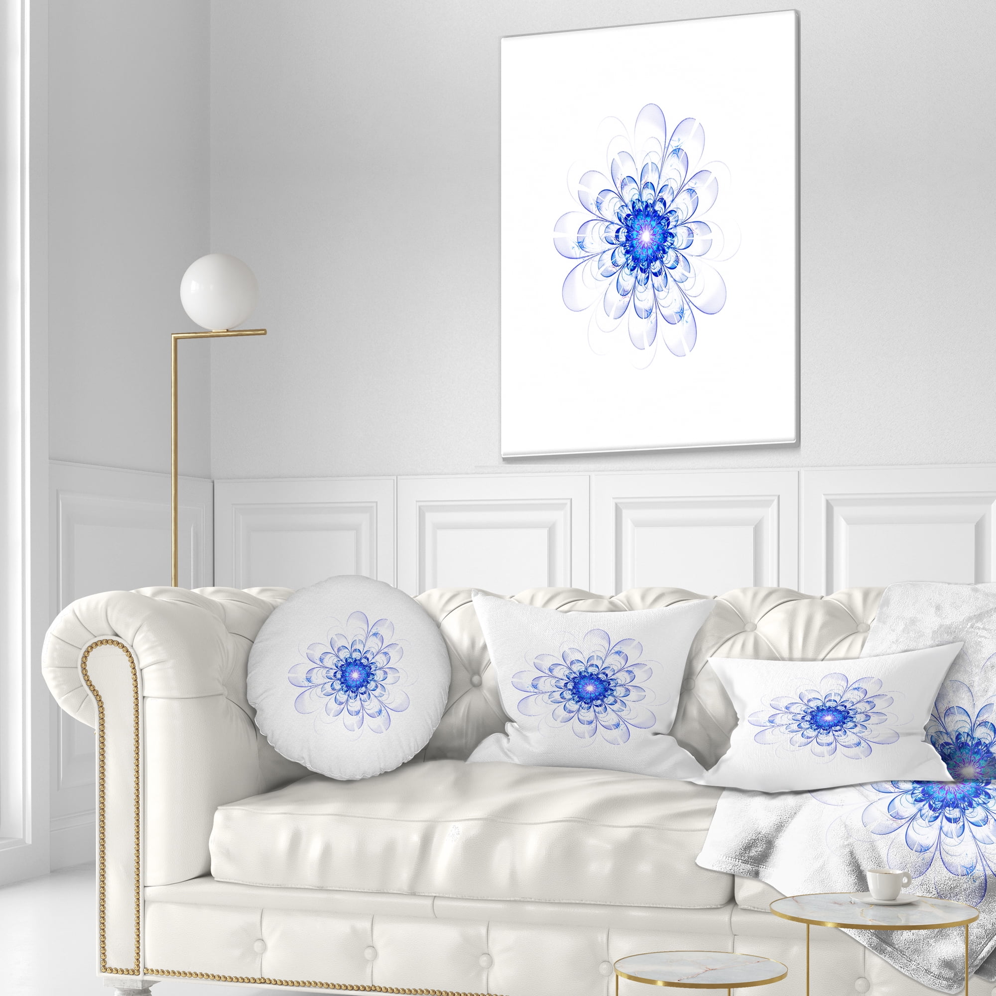 Designart Perfect Glowing Fractal Flower in Blue - Floral Throw Pillow - 12x20