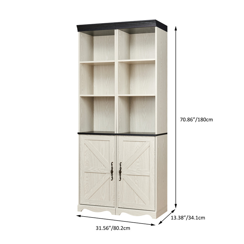 Farmhouse Storage Cabinet with Barn Door & Adjustable Shelf, Wood Bookcase for Home Office, Bookshelf with Open Display Cubbies