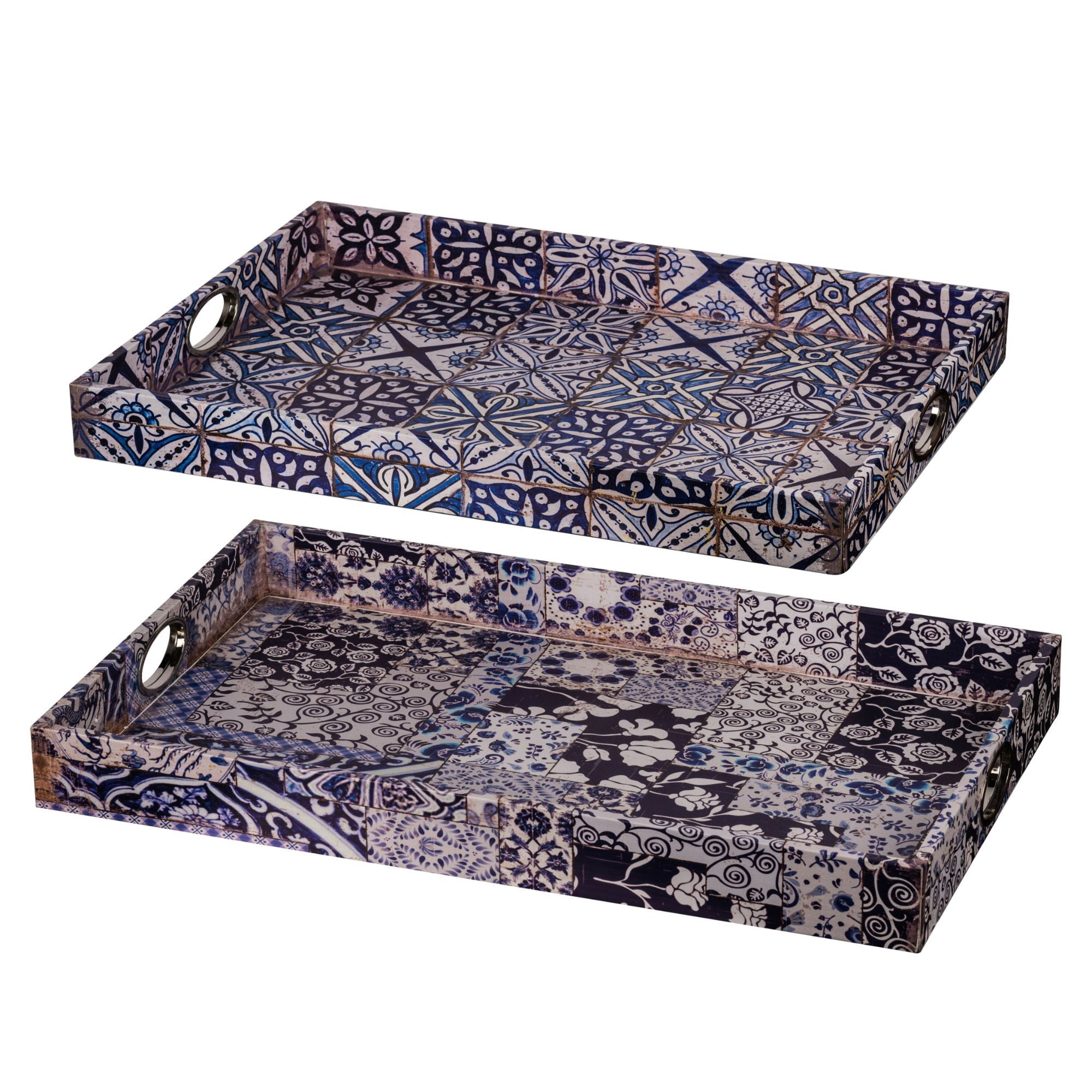 Set of 2 Navy Blue and White Classic Vintage Rectangular Trays 25