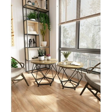 Small Round Coffee Table Set of 2, Modern Coffee Table with Metal Frame, Living Room Table with Easy Assembly, Side End Table for Bedroom, Office