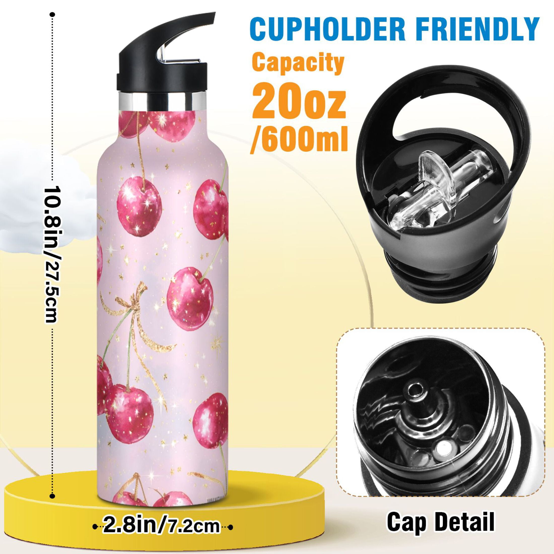 Kids Insulated Stainless Steel Sports Water Bottle 600ml (20oz) Watercolor Sparkling Cherries