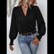 thumbnail image 5 of Camisa Elegante de Color Liso con Escote en V y Mangas Farol para Mujer Negro M, 5 of 9