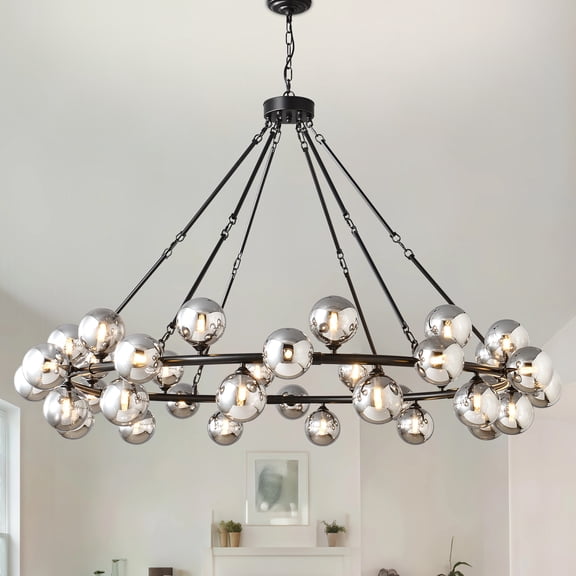 59" Large 36-Light Wagon Wheel Chandelier, Modern Black Round Light Fixture with Smoky Grey Glass Shades for Dining Room High Ceilings Foyer Living Room