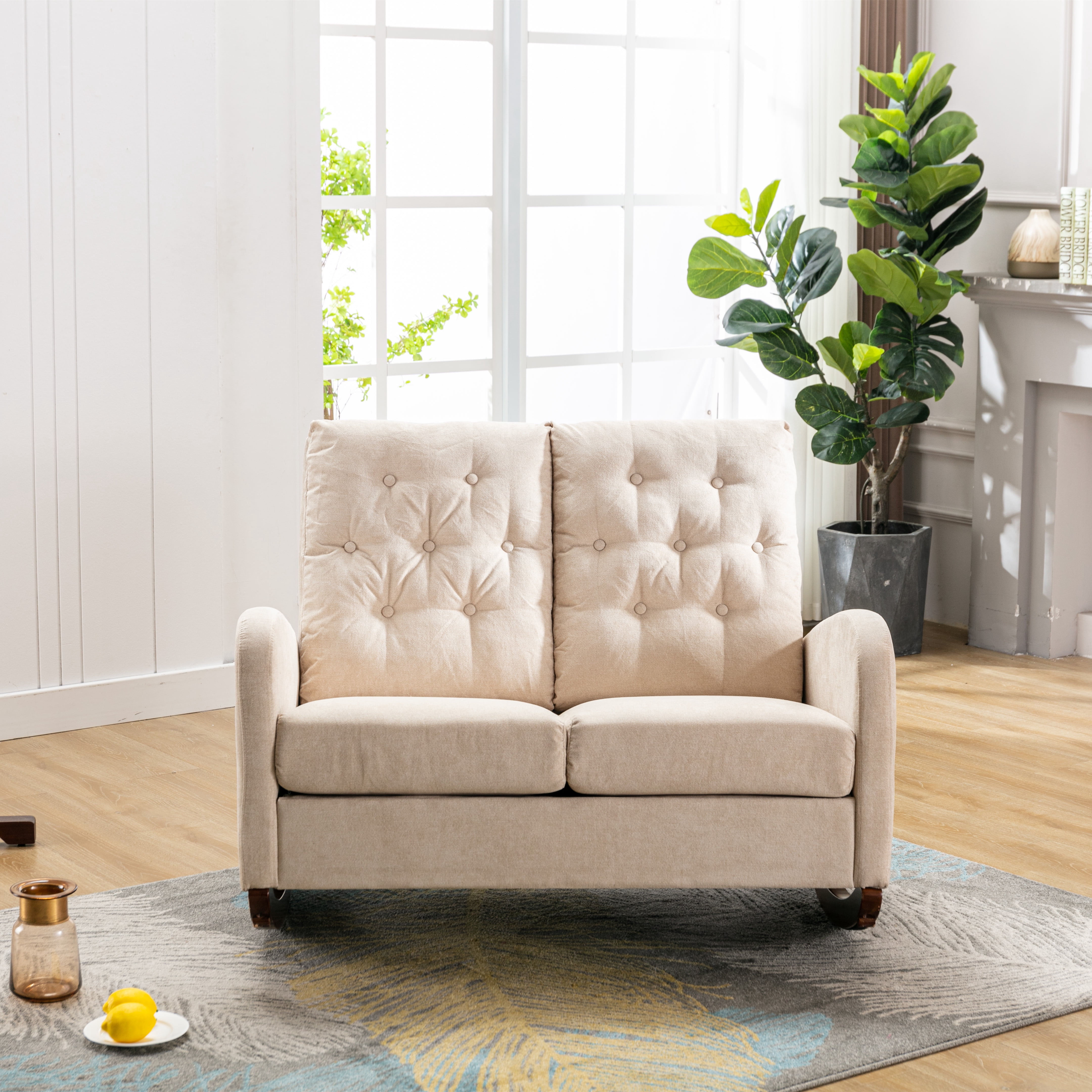 Bellemave Fashion Double Rocking Sofa with High Backrest and Pocket, Rocker Chair with Spacious Wing-back and Padded Seat for Living Room, Bedroom, Nursery(Beige)