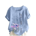 thumbnail image 2 of Avrnliq Womens Light Blue Floral Print Relaxed Fit Short Sleeve Top, Scoop Neck Side Button Curved Hem Easy Care Plus Size Shirt for Casual Outings,Size 4XL, 2 of 4