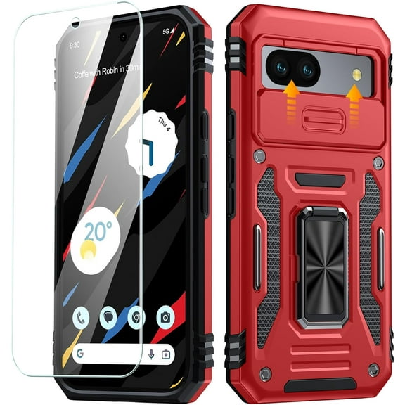 for Google Pixel 8A Case, Pixel 8A Case with [9H Glass Screen Protector & Slide Camera Protector] [Military Grade Drop] Built-in Rotatable Kickstand Ring Phone Case for Pixel 8a 6.1” - Red