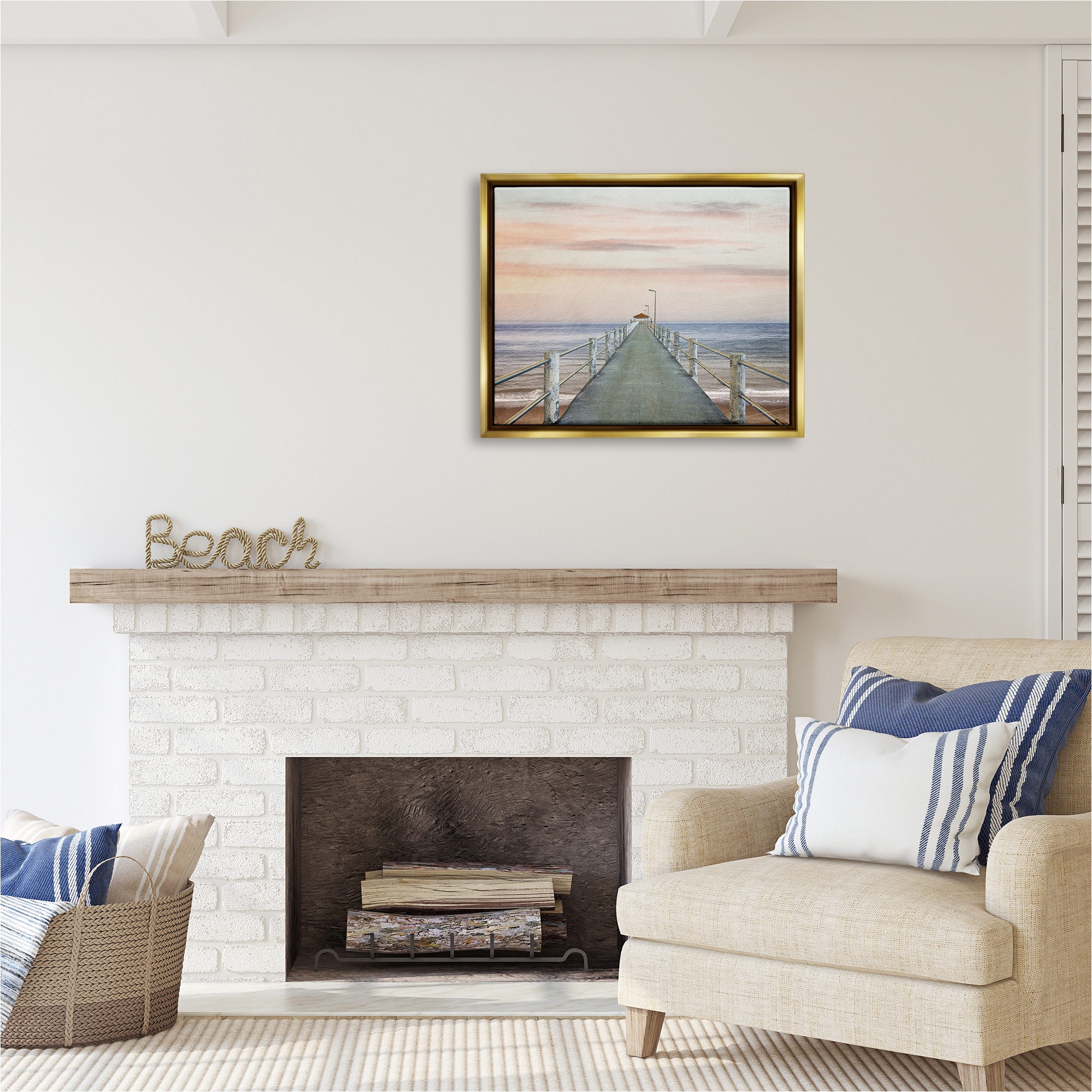 Stupell Industries Nautical Pier Walkway Landscape Painting Gold Floater Framed Canvas Art Print Wall Art, 31 x 25