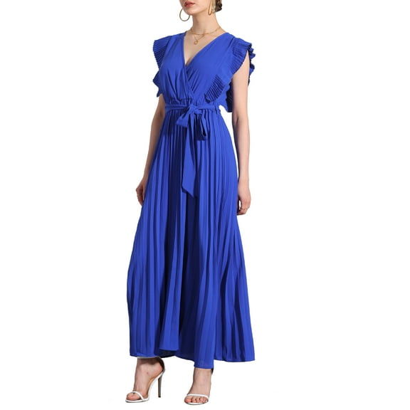 INSPIRE CHIC Women's Wrap Dress V Neck Ruffled Trim Fit & Flare Maxi Dress S Royal Blue