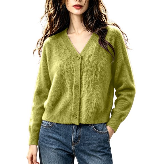 ABSUYY Womens Fuzzy Cropped Cardigan, V Neck Button Down Knit Jacket, Soft Lightweight Sweater Top,Size L
