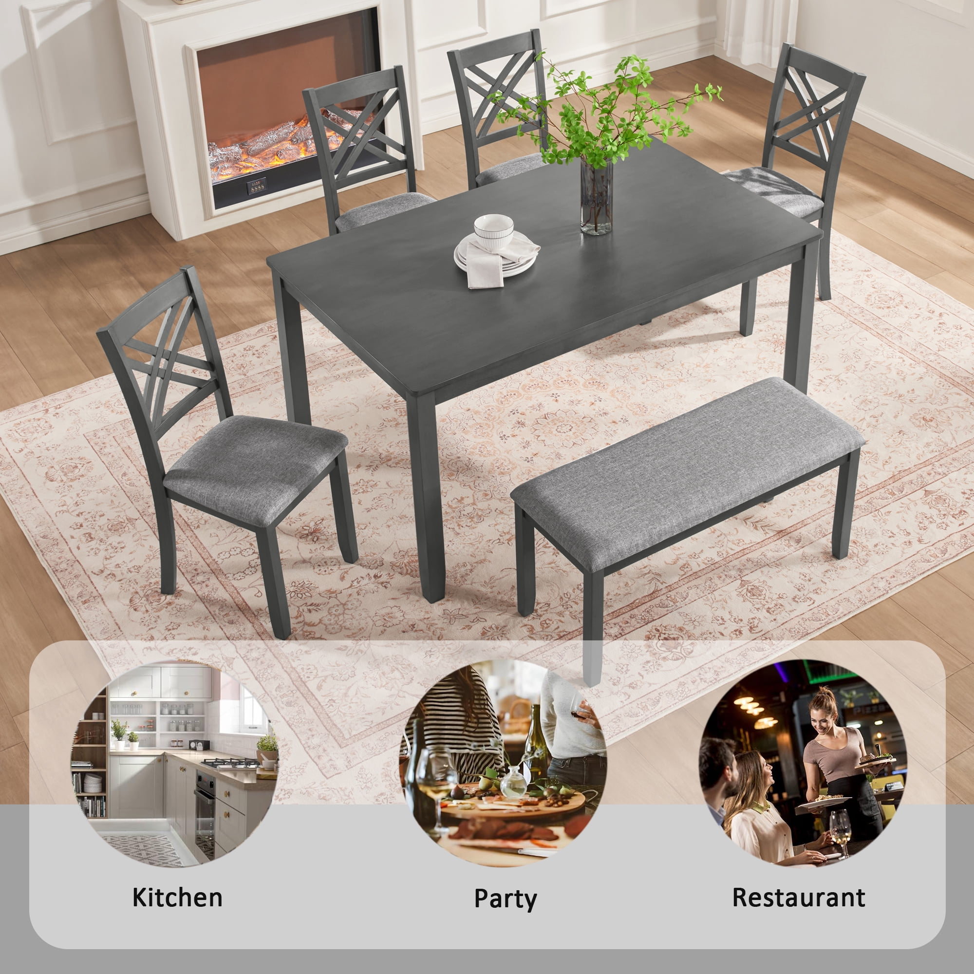 Gewnee 6 Piece Kitchen Dining Table Set,Rectangular Table with 4 Upholstered Chairs and a Bench,Wood Dining Room Table Set for 6 People,Dining Furniture Set.Gray