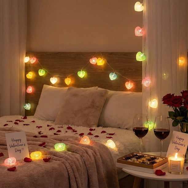 Luces LED de corda en forma de corazón de 3 metros • Decoración de la habitación con farolillos multicolores • Iluminación LED romántica para dormitorio, pared, muebles • Acento ambiental