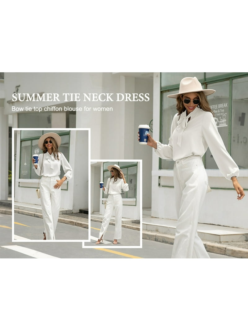 Asklazy Womens Dressy Chiffon Blouse Business Work Casual Tie Neck