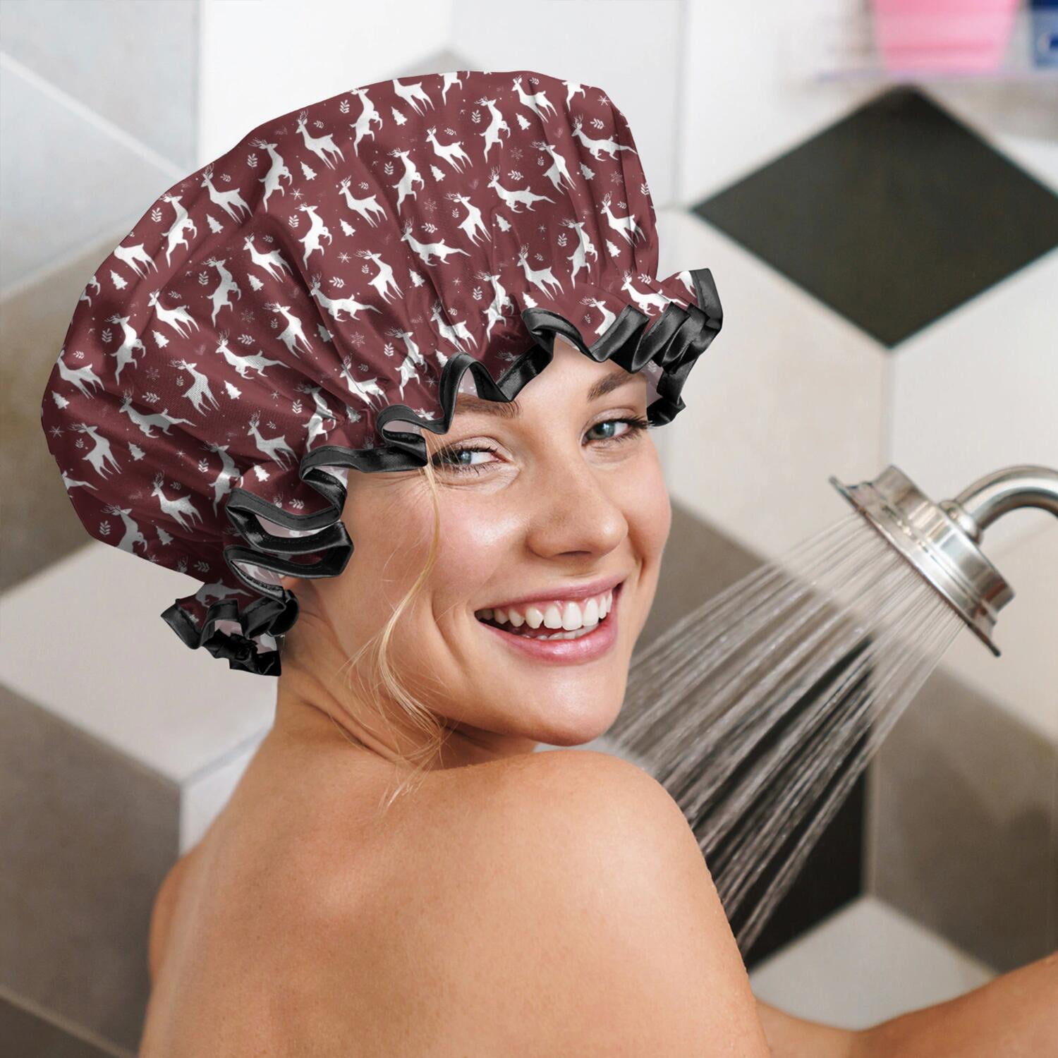 Shower Caps,Red Christmas Deer Pattern Waterproof Shower Cap for Women 4 Pieces,Double Reusable Hair Cover for Shower PEVA Elastic Stretch Hem