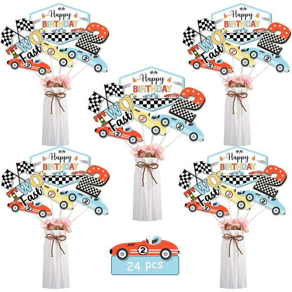 Two Fast Birthday Centerpieces - Vintage Race Car Birthday Decorations, Retro Race Car Centerpiece Sticks Table Decorations, Let's Go Racing 2nd Birthday Party Supplies for Boys