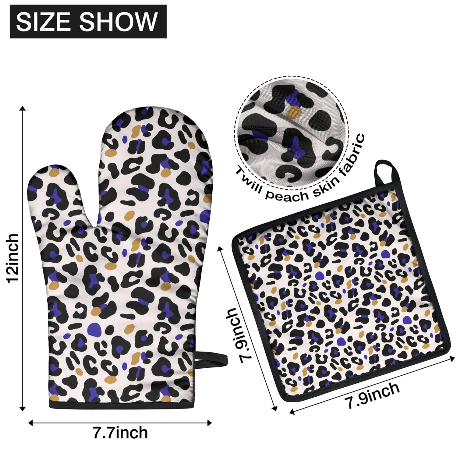 Leopard Print Oven Mitts and Pot Holders Set Of 4, Heat Resistant Kitchen Gloves with Non-Slip Grip, Hanging Loop, Soft Cotton Lining for Baking, Cooking, Grilling, Barbecue