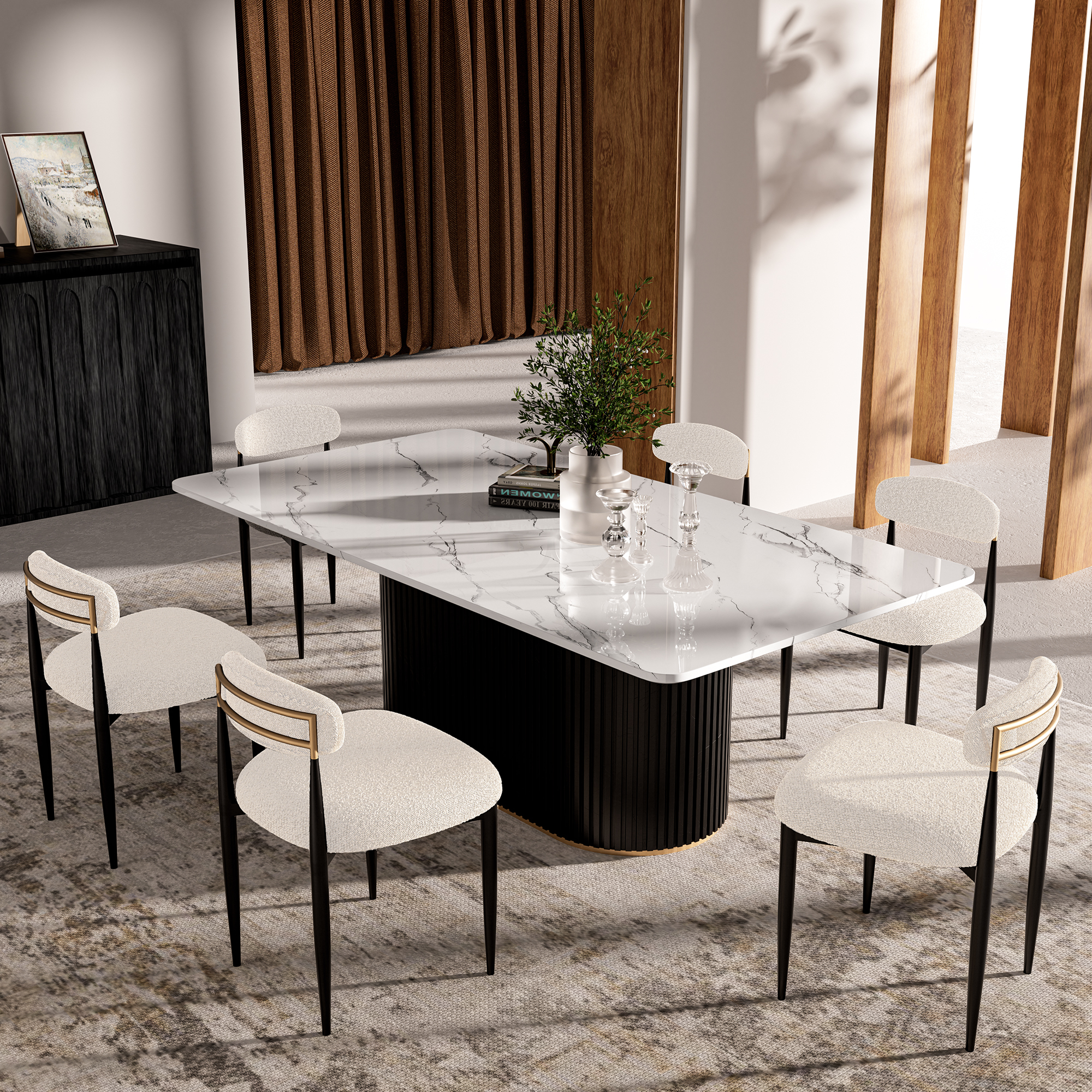 Morden Fort Boucle White Dining Chairs Set of 6, Mid-Century Boucle Chairs for Kitchen, Reception, Living Room, Apartment