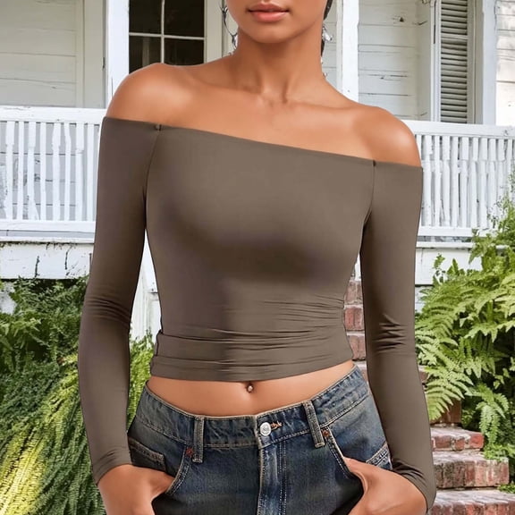Crop Tops for Women Off The Shoulder Long Sleeve T Shirts Slim Fit Stretch Soft Base Tee Going Out Club Outfits (M, Brown)