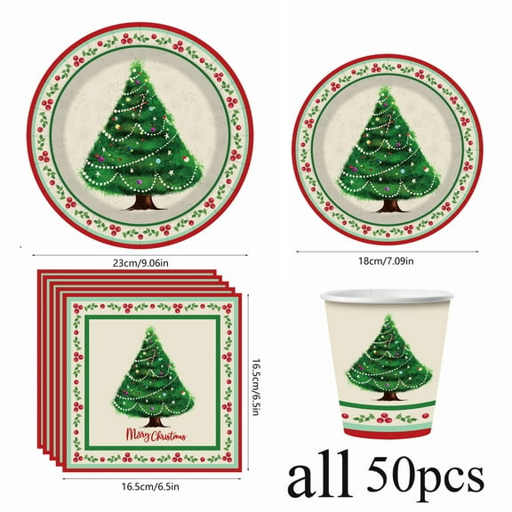KOYPTL 50 Pack Christmas Tableware Set Christmas Paper Plates Napkins and Cups Disposable Paper Table Decorations for Party Holiday Birthday Supplies,Large Serve 10 Guests