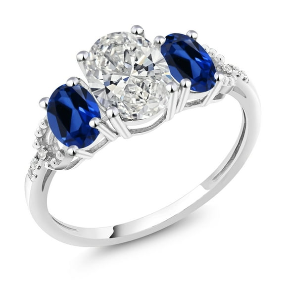 Gem Stone King 10K White Gold White IGI Certified Lab Grown Diamond and Blue Created Sapphire 3-Stone Engagement Ring for Women | 2.76 Cttw | Center 1.5 Ct Diamond | D-E Color | VS1-VS2 | Size 5