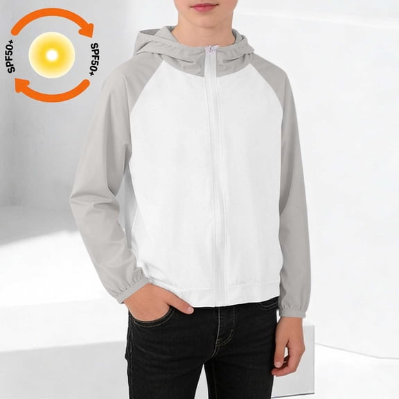 Ussuma UPF50 Kids Sunscreen Jacket Color Block Long Sleeve Zipper Breathable Skin Friendly Anti UV Outerwear Durable Casual Coat for Outdoor Sports 1-2 Years Gray