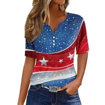 Patriotic T Shirts Womens 4Th of July Outfits Short Sleeve Henley V Neck Buttons Blouse American Flag Star Stripes Printed Funny Patriotic Graphic Tees Independence Day Dressy Clothes Summer Tops