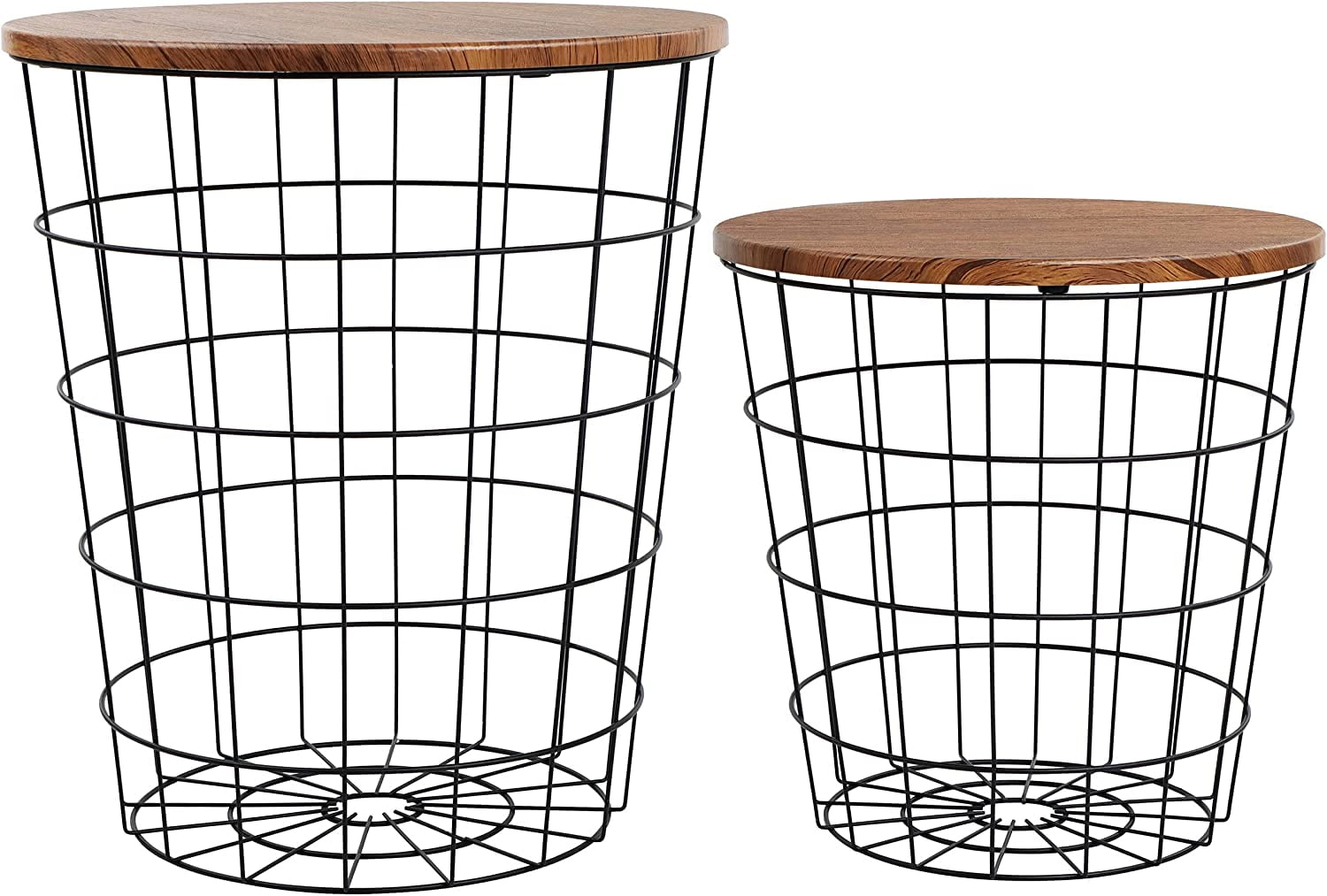 MIANYANG Nesting Side Tables Wire Basket Table with Lid 2pc Set Round